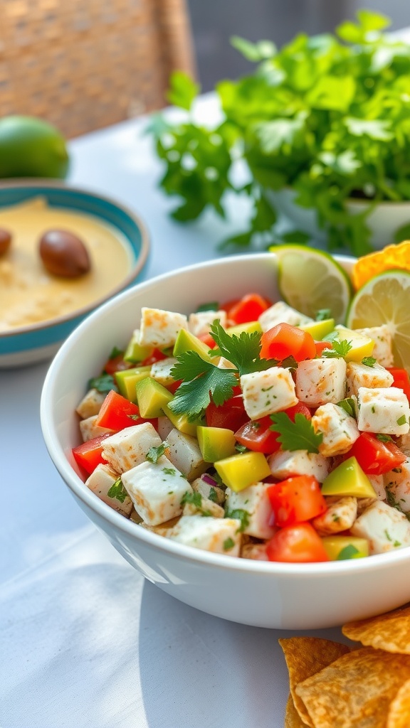 A bowl of tilapia ceviche with avocado, tomatoes, and cilantro, served with tortilla chips.